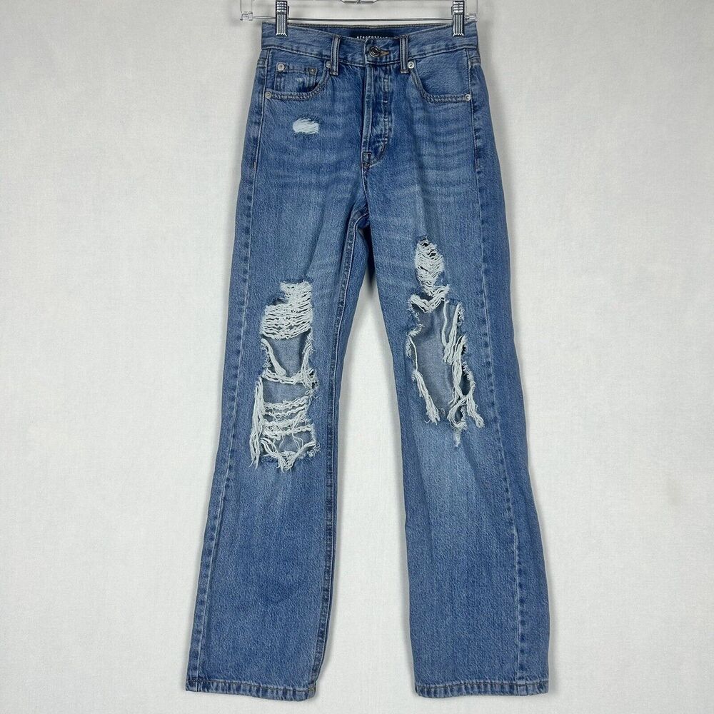 Aeropostale Button Fly Women's 90's Baggy Jeans Size 000 Distressed Blue